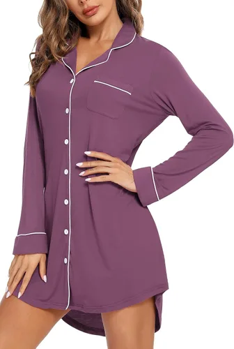 Miniatura 70 de Samring Camisón de pijama para mujer, manga corta/larga, con botones, camisón para dormir, camisón para novio, talla XXL