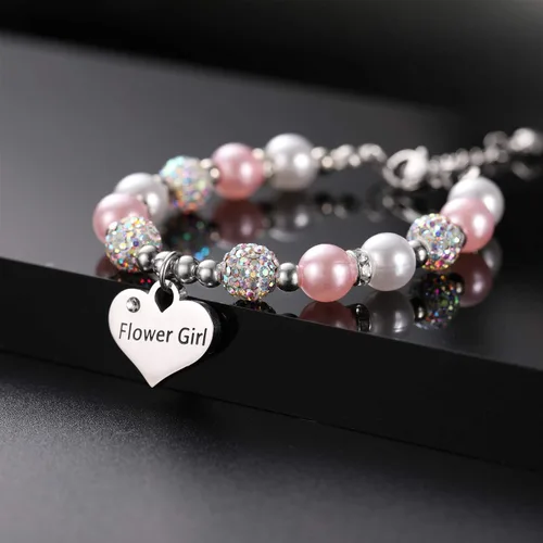 Miniatura 2 de Vinjewelry Pulsera de flores para niñas, bolas de perlas y diamantes de imitación, regalos para niñas de flores, uso en fiesta de boda, Metal