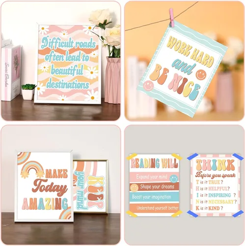 Miniatura 5 de ZOIIWA 12 pósteres retro Groovy para decoración de aula, juego de tablones de anuncios hippie, póster de regreso a la escuela, póster retro