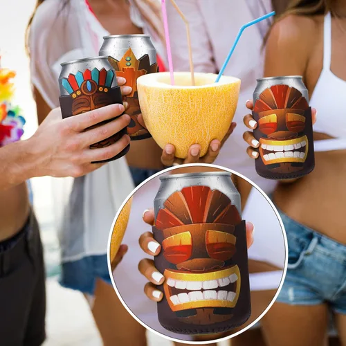 Miniatura 6 de Tarpop 16 fundas para latas de cerveza Tiki Party con aislamiento a granel, de neopreno, Luau Soda para bebidas de cerveza, funda para botella
