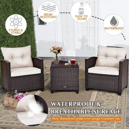 Miniatura 9 de Tangkula Juego de muebles de patio de 3 piezas, mimbre de ratán PE, juego de sofá de 3 piezas para exteriores con cojín lavable y superficie de mesa