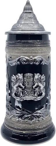 OktoberfestHaus - Taza de cerveza con escudo de armas del Bayern alemán, escudo de armas con emblema de metal en color negro carbón con tapa
