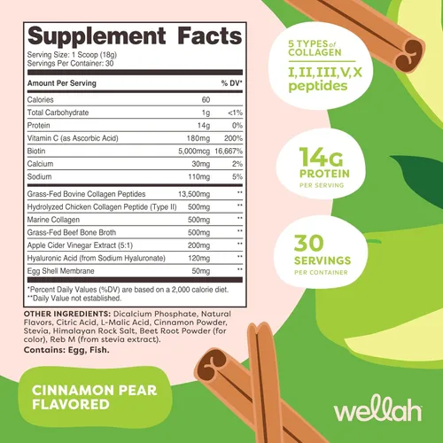 Miniatura 2 de Wellah The Afterglow Multi Collagen Protein + Beauty (30 porciones, canela pera) - Soporte para cabello, piel, uñas y articulaciones, sin OMG y sin