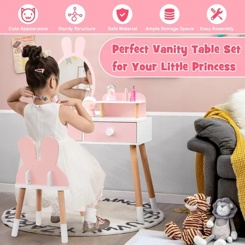 Miniatura 5 de GLACER Juego de mesa y silla para niños, juego de tocador patentado con silla, espejo extraíble, 2 cajones grandes, estante de almacenamiento