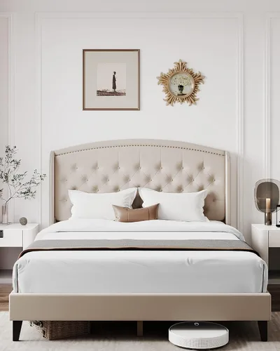 Miniatura 10 de Base de cama tamaño Queen, plataforma tapizada con cabecera de ala y diseño capitoné de botones, soporte de listones de madera, fácil montaje,