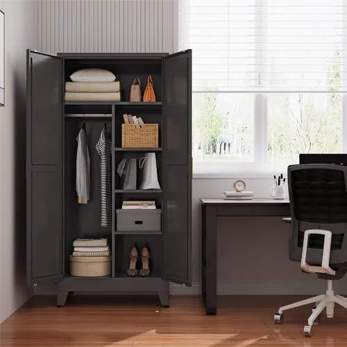Miniatura 6 de Armario de metal guardarropa con barra para colgar, gabinete de armario de metal de 71'' con 2 puertas y 4 estantes ajustables, armarios