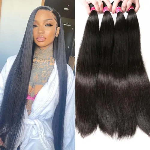 Miniatura 6 de YISEA Paquetes de cabello humano liso con cierre de encaje (12 14 16+10 cierre) Paquetes de cabello humano 3 con cierre de encaje 4x4 100%