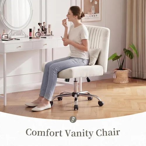 Miniatura 6 de Silla de oficina de terciopelo, silla cruzada de lujo con ruedas, cómoda silla de escritorio con patas cruzadas para oficina en casa, silla de Beige