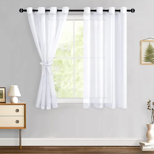 Miniatura 57 de Hiasan - Cortinas traslúcidas de gasa cortas semitransparentes con ojales y alzapaños filtrantes de luz para ventana, dormitorio, baño, 2 paneles
