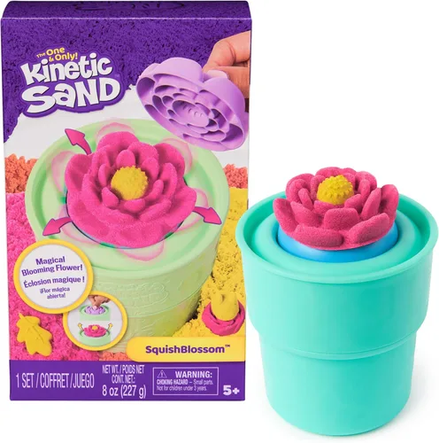 Kinetic Sand, SquishBlossom Flor floreciente con arena de juego amarillo neón y rosa de 8 onzas, maceta y moldes, juguetes sensoriales para artes y