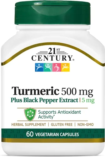 21st Century Cúrcuma 500 mg más extracto de pimienta negra cápsulas vegetarianas, 60 unidades