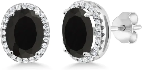 Gem Stone King Aretes de plata de ley 925 con halo de ónix negro para mujer (4.48 quilates, piedra natal de piedras preciosas, ovalados de 0.354 x