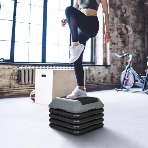 Miniatura 7 de Banco de plataforma de entrenamiento aeróbico ajustable de 16 pulgadas con 4 elevadores de 4-6-8-10-12 pies de altura para gimnasio en casa, Gris