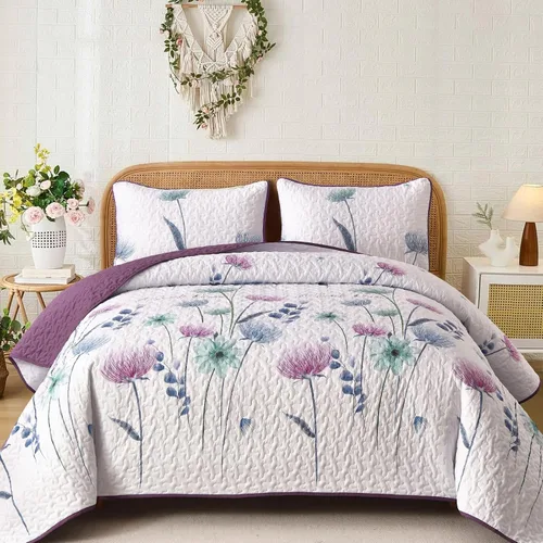 Miniatura 18 de Dinjoy Juego de colcha floral tamaño Queen, colcha azul agua tamaño Queen de 3 piezas, juego de ropa de cama ligera de estilo granja, colcha