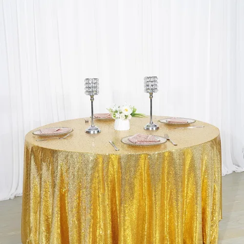 Miniatura 4 de Eternal Beauty Mantel de lentejuelas doradas de 120 pulgadas, mantel redondo brillante con purpurina para decoración de bodas, fiestas de cumpleaños