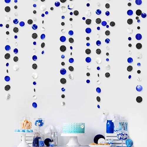 Miniatura 5 de Guirnalda de 46 pies de puntos circulares azul marino, negro y plateado, serpentina de lunares azul real y negro para cumpleaños, graduaciones