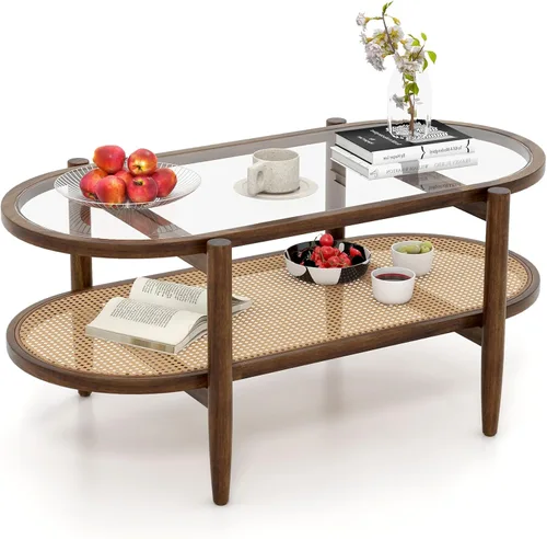 Miniatura 9 de Giantex Mesa de centro de ratán, mesa de té de madera ovalada de 2 niveles con mesa de vidrio templado y estante de almacenamiento de ratán de Negro