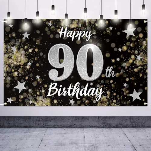 Miniatura 17 de Decoración de feliz cumpleaños 37, cartel grande de fondo de cumpleaños de 37 años con estrella de ensueño negro y plateado – Decoración de fiesta