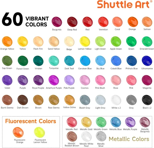 Miniatura 3 de Juego de pintura acrílica de 72 piezas, Shuttle Art 60 colores de pintura acrílica incluyendo blanco extra, negro y 12 pinceles, 2 oz/60 ml, Regular