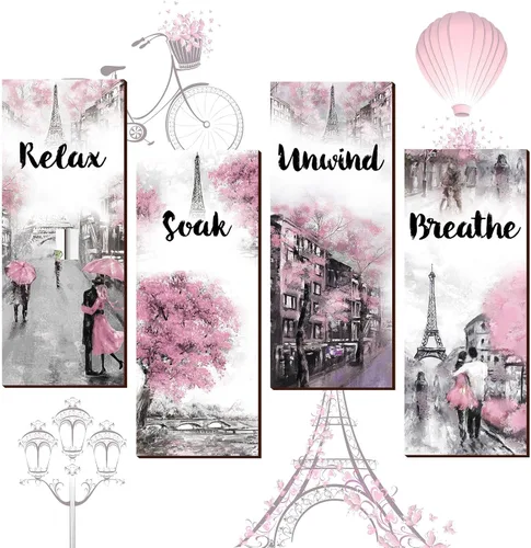 Gerrii 3 Piezas de Decoración de Baño Rosa y Gris Decoración de París Relajarse Remojarse Desconectar Respirar Arte de Pared de Granja Baño Boda