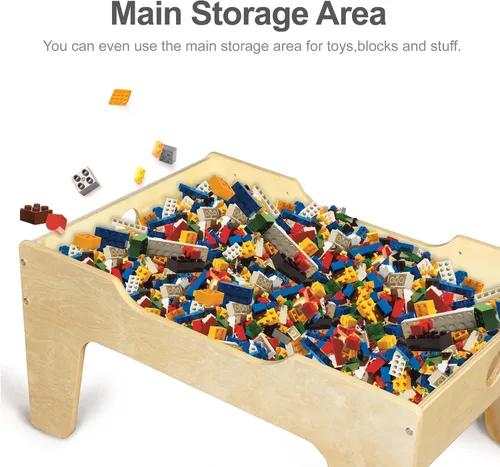 Miniatura 6 de Mesa de Juego de Actividades Todo en Uno para Niños con 290 Ladrillos de Construcción y Set de Tren de Madera de 30 Piezas, Vías, Coches, Pista