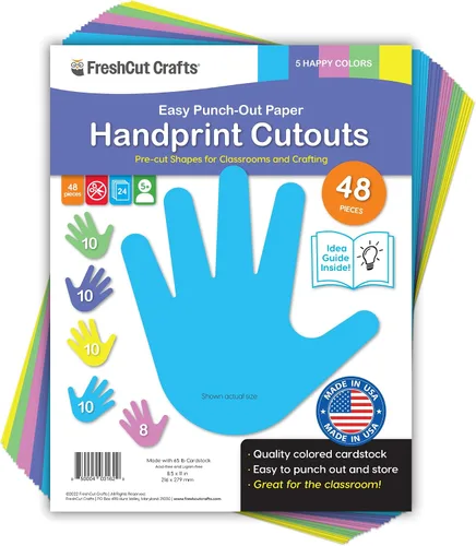 48 piezas de recortes felices de huellas a mano con guía IDEA, tarjetas de colores brillantes de 2 caras hechas en Estados Unidos, acentos de papel