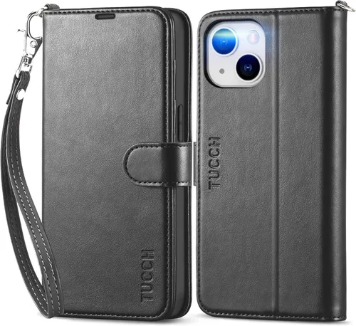 Miniatura 24 de TUCCH Funda tipo billetera para iPhone 14, [Bloqueo RFID] [4 ranuras para tarjetas] Funda protectora interior de TPU, funda abatible magnética