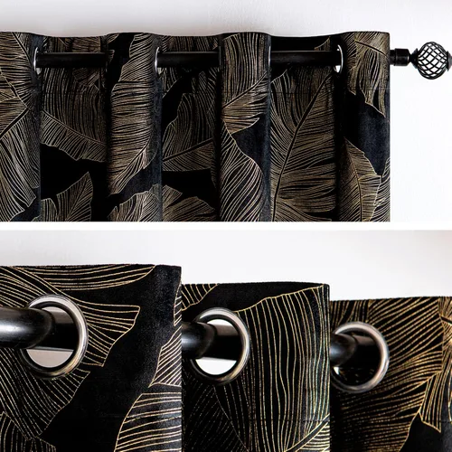 Miniatura 3 de MIULEE Cortinas opacas de terciopelo negro de 84 pulgadas de largo, juego de 2 paneles de cortinas estampadas con estampado de hojas doradas