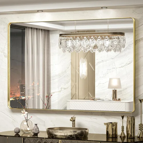 Miniatura 59 de TokeShimi Espejo redondo dorado de 36 pulgadas, espejo redondo de baño para pared con aleación de aluminio antioxidante, marco de metal dorado Oro