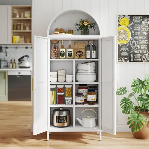 Miniatura 11 de Armario de despensa arqueado de metal blanco de 72.8 pulgadas para almacenamiento de cocina, armario alto de 2 puertas con 6 estantes ajustables