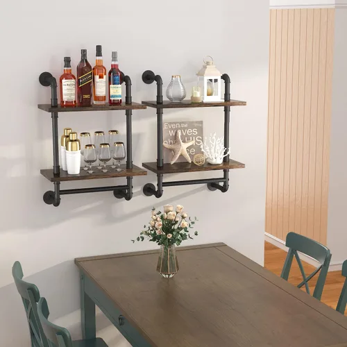 Miniatura 5 de Helsin Estantes de Baño Flotantes de Tubería Industrial Montados en la Pared con Barra de Toallas, Estante de Pared de Madera Rústica de 2 Niveles