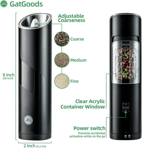Miniatura 6 de GATGOODS Gravity - Juego de molinillo eléctrico de sal y pimienta, grosor ajustable, luz LED cálida, operación automática de una mano, funciona
