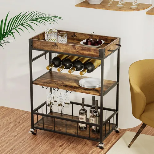 Miniatura 9 de Carro de servicio para bar con soporte para vino de 3 niveles para el hogar, con ruedas, móvil, estilo industrial vintage, carretilla de servicio