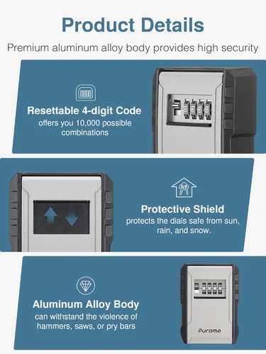 Miniatura 3 de Caja de seguridad Puroma para llaves con gancho para llaves, combinación de 4 dígitos reseteable, almacenamiento seguro de llaves impermeable, gran