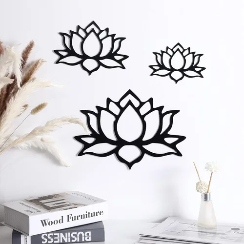 Ferraycle 3 piezas de metal flor de loto decoración de pared de metal Zen Lotus Flower arte de pared inhalar señales huecos colgantes silueta Negro