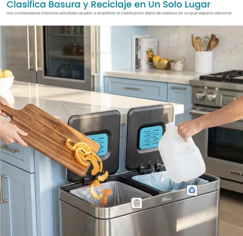 Miniatura 3 de Home Zone Living cubeta de basura de cocina de 16 galones con compartimentos duales para reciclaje, control de olor CleanAura, acero inoxidable