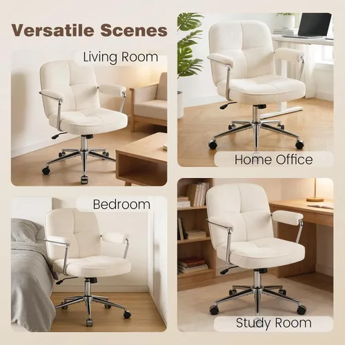 Miniatura 9 de Silla de oficina en casa con tela de felpa, sillas de escritorio modernas para computadora con respaldo medio con ruedas y reposabrazos acolchados