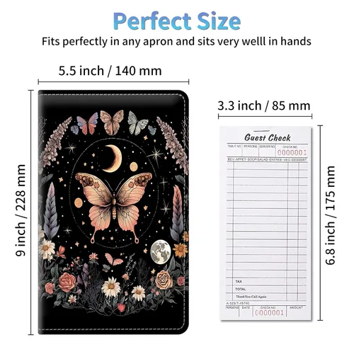 Miniatura 2 de Libros de servidor de flores de mariposa y luna para camarera, cartera de cuero sintético con cierre de vendaje elástico, organizador con bolsillo