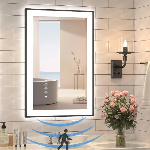 Miniatura 15 de Espejo de baño LED de 20 x 28 pulgadas con luces, espejos iluminados delanteros y traseros para montaje en pared de baño, decoración de marco negro