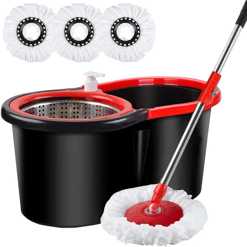 Trapeador giratorio y cubo con juego de escurridor, sistema de cubo de trapeador giratorio de 360°, 3 cabezales de fregona de microfibra para sala