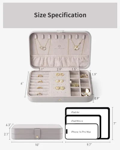 Miniatura 6 de Vlando Joyero de viaje para mujer, caja organizadora de joyas de cuero portátil para collares, aretes, anillos, pulseras, tamaño pequeño, regalos