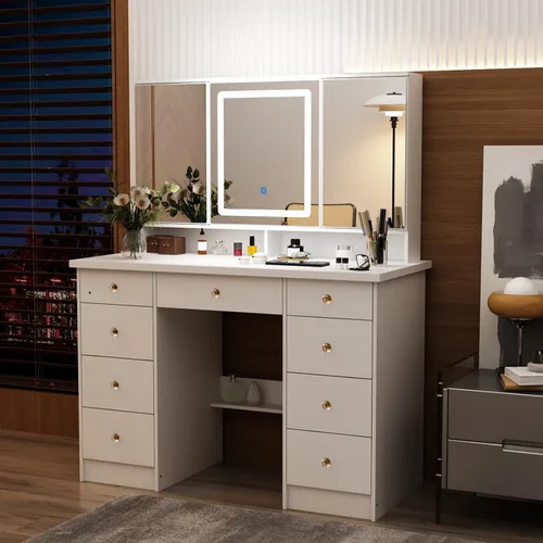 Miniatura 11 de MOUMON Escritorio de tocador de cristal con luces y 9 cajones, escritorio grande de maquillaje con 2 puertas de espejo, mesa de tocador con estantes