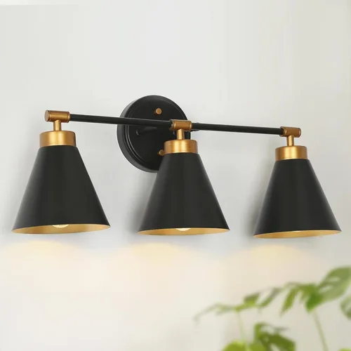 Miniatura 11 de Aplique de pared, 1 aplique de pared negro y dorado, lámpara moderna de pared de granja con pantalla de metal para dormitorio, sala de estar