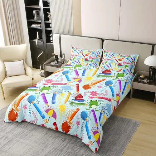 Miniatura 3 de jejeloiu Juego de ropa de cama de lápiz de dibujos animados para niños, tamaño individual, colorido cuarto de bebé, 100% algodón, funda de edredón