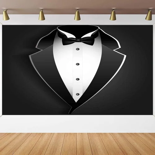 Miniatura 13 de BJRLEM998 - Telón de fondo de esmoquin negro de 3 x 5 pies para hombre, traje de pajarita en blanco y negro, traje de lujo, cumpleaños, cena