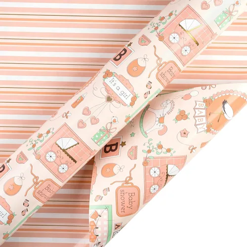 Miniatura 2 de WRAPAHOLIC - Papel de regalo reversible para bebé niña, mini rollo - 17 pulgadas x 33 pies - Diseño de bebé niña y rayas para baby shower, Bebita