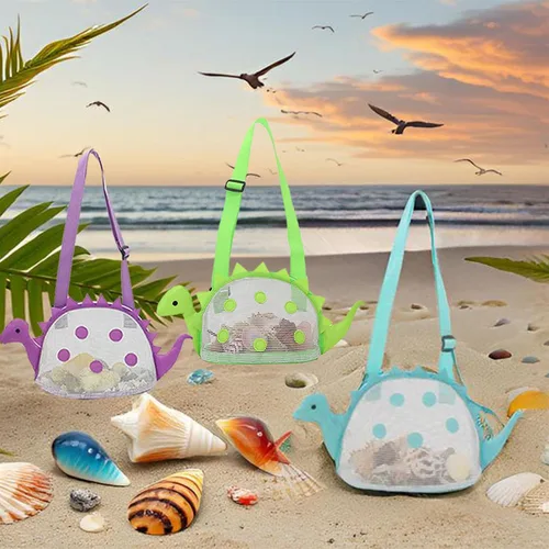 Miniatura 8 de AUONY Bolsa de playa de malla para juguete de playa, bolsa de conchas para niños, bolsa de juguete de arena de dinosaurio para sostener conchas, Azul