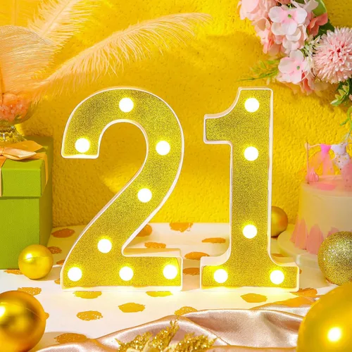 Miniatura 4 de Treela Números LED de 22 cm de cumpleaños decorativos iluminados, letrero de números de marquesina de purpurina para decoraciones de fiesta
