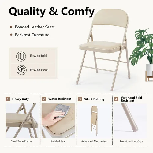 Miniatura 4 de DUMOS Paquete de 12 sillas plegables acolchadas de cuero, asiento comercial apilable portátil para interiores y exteriores con marco de acero, Caqui