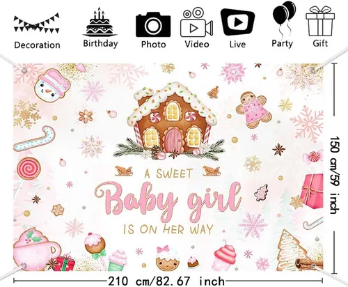 Miniatura 2 de MEHOFOND Fondo de Navidad de 7 x 5 pies para baby shower con texto en inglés "A Sweet Baby Girl is On Her Way", fondo de fotografía de copo de nieve